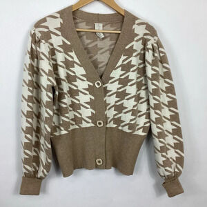 Joie Houndstooth Puff Sleeve Cardigan Sweater Size Medium